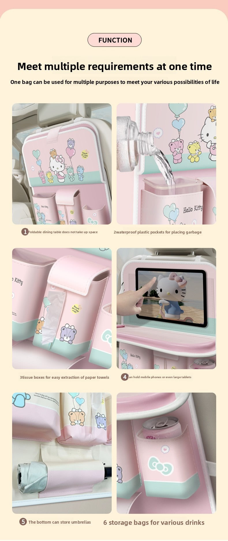Kitty car seat back storage bag